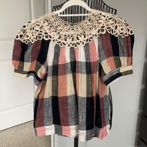Anthropology Laced Plaid Short Sleeve Top